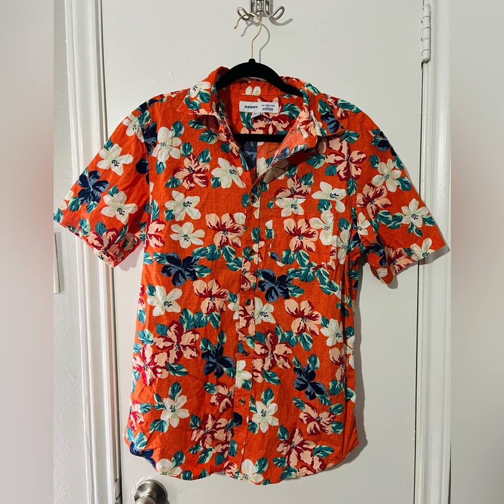 Old Navy Shirt Mens Size M Orange Floral Hawaiian Slim Fit Button Up Stretch